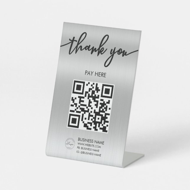 Professional Silver Scan Me QR Code  Pedestal Sign (Front)