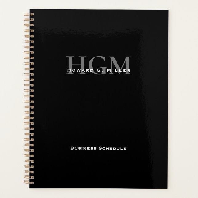 Professional Simple Black Silver 3 Letter Monogram Planner (Front)