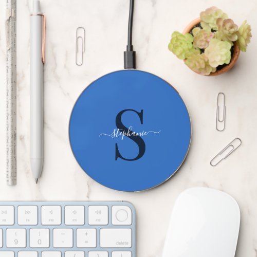 Professional Simple Blue Monogram Initial  Name Wireless Charger