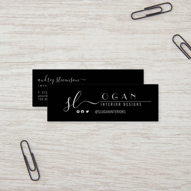 Professional Simple Chic Monogram Black and White Mini Business Card (Front/Back In Situ)