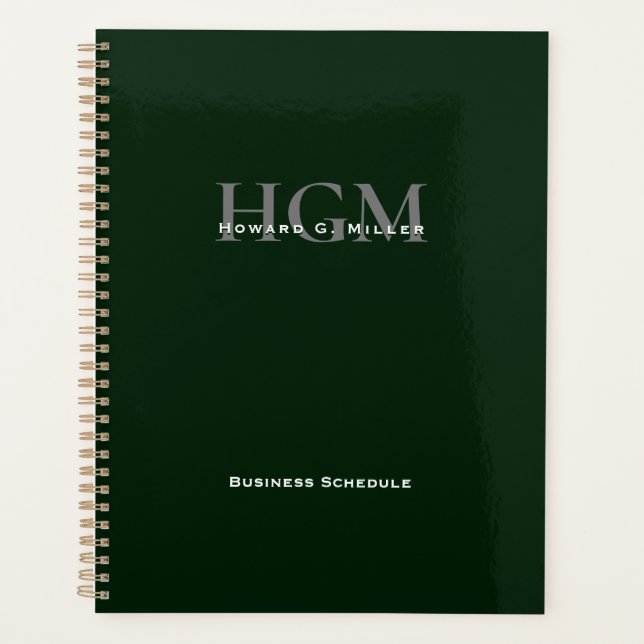 Professional Simple Green Silver 3 Letter Monogram Planner (Front)