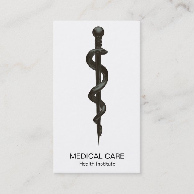 Professional Simple Medical Asclepius Black White Business Card (Front)