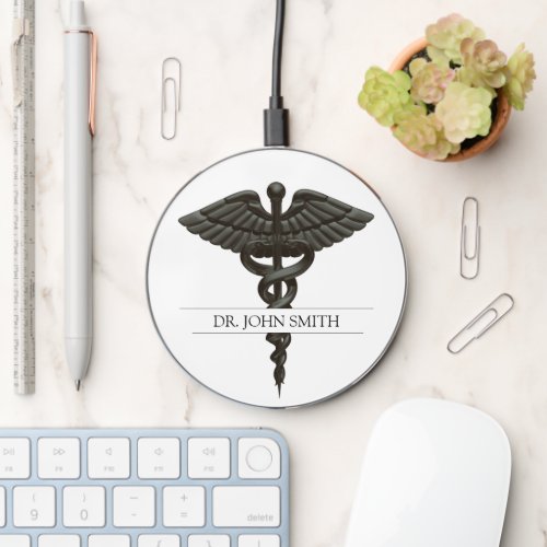 Professional Simple Medical Black Caduceus White Wireless Charger