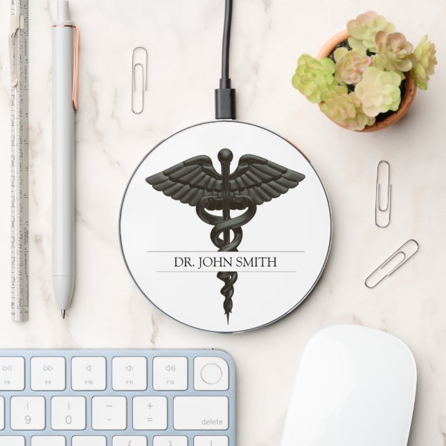 Professional Simple Medical Black Caduceus White Wireless Charger (Desk)