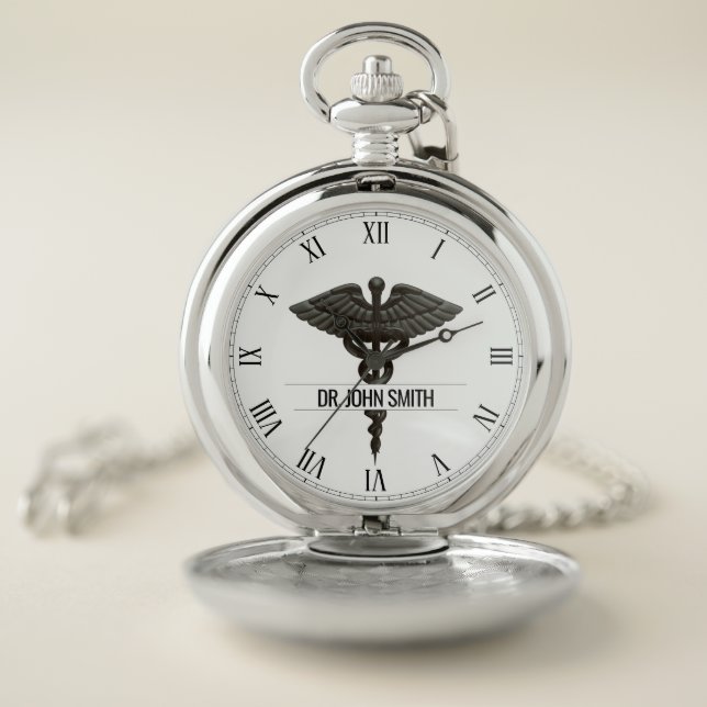 Professional Simple Medical Caduceus Black Name Pocket Watch (Inside)
