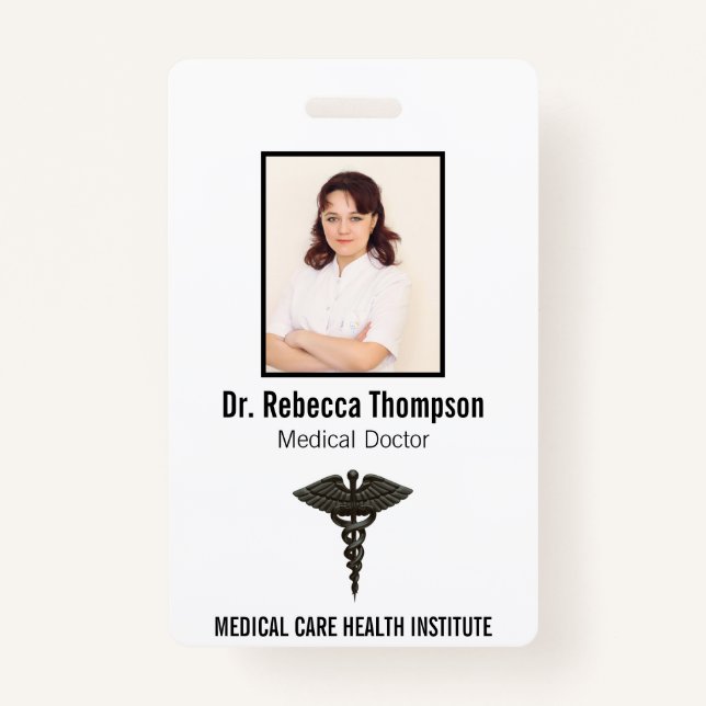 Professional Simple Medical Caduceus Black Photo Badge (Front)