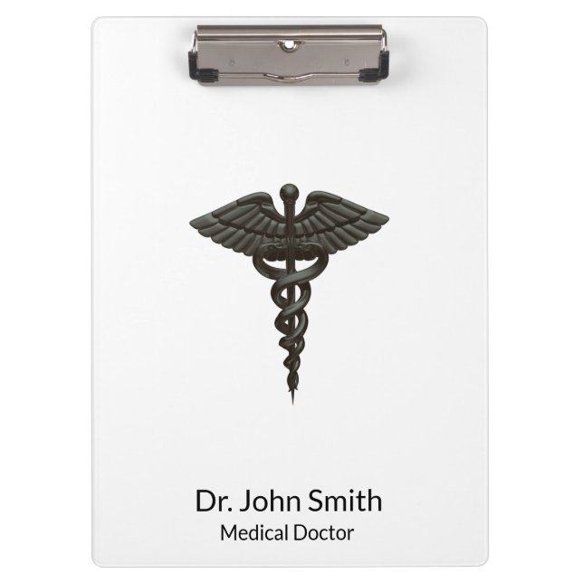 Professional Simple Medical Caduceus Black White Clipboard (Front)