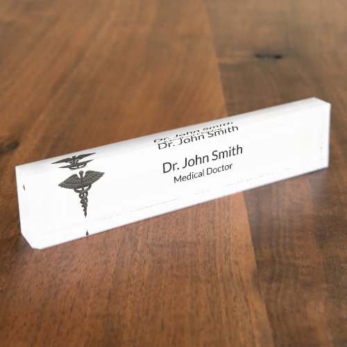 Professional Simple Medical Caduceus Black White Desk Name Plate