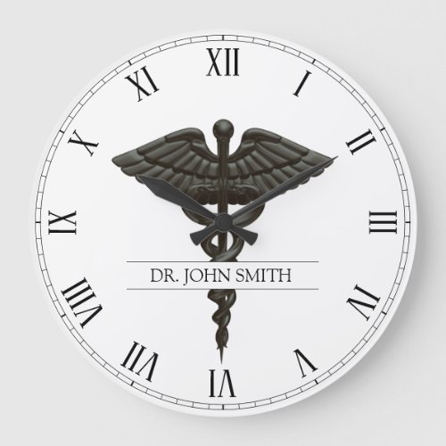 Professional Simple Medical Caduceus Black White Large Clock