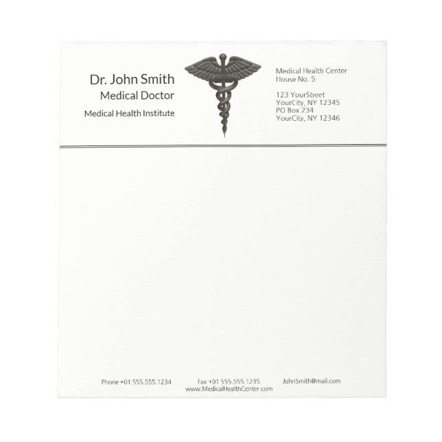 Professional Simple Medical Caduceus Black White Notepad (Front)