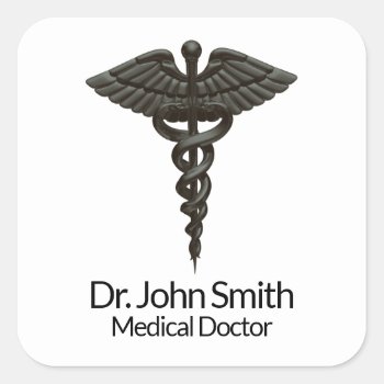 Professional Simple Medical Caduceus Black White Square Sticker by SorayaShanCollection at Zazzle