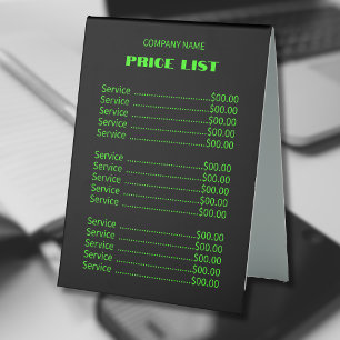 Professional Simple Modern Neon Green Price List Table Tent