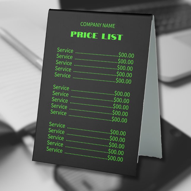 Professional Simple Modern Neon Green Price List Table Tent (Creator Uploaded)