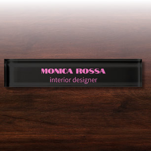 Professional Simple Modern Neon Pink Black Desk Name Plate