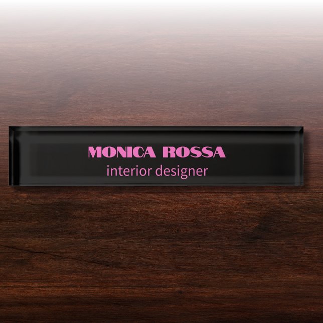 Professional Simple Modern Neon Pink Black Desk Name Plate (Creator Uploaded)