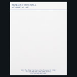 Professional Simple Navy Blue Border Lawyer Letterhead<br><div class="desc">Business letterhead with a simple design featuring your name and title in a navy blue serif font at the top with a thin border below. At the bottom is your contact information in a sans serif font. A basic and plain design that still comes across as professional. A traditional style...</div>