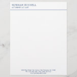 Professional Simple Navy Blue Border Lawyer Letterhead<br><div class="desc">Business letterhead with a simple design featuring your name and title in a navy blue serif font at the top with a thin border below. At the bottom is your contact information in a sans serif font. A basic and plain design that still comes across as professional. A traditional style...</div>