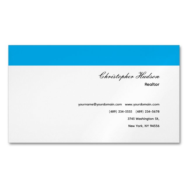 Professional Simple Plain Real Estate Blue White Business Card Magnet (Front)