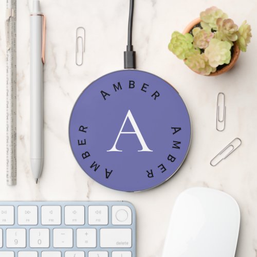 Professional Simple Purple Monogram Name  Initial Wireless Charger