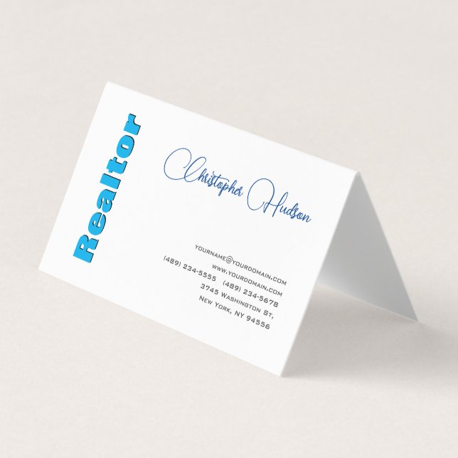 Professional Simple Realtor Real Estate Blue White Business Card (Front)