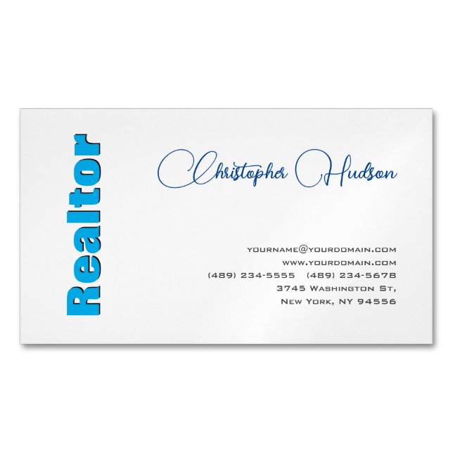 Professional Simple Realtor Real Estate Blue White Business Card Magnet (Front)