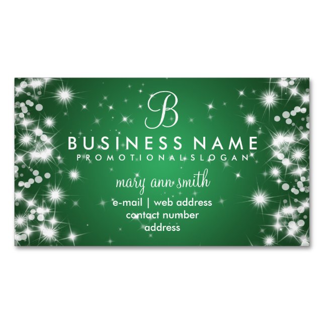 Professional Simple Sparkle Monogram Green Business Card Magnet (Front)