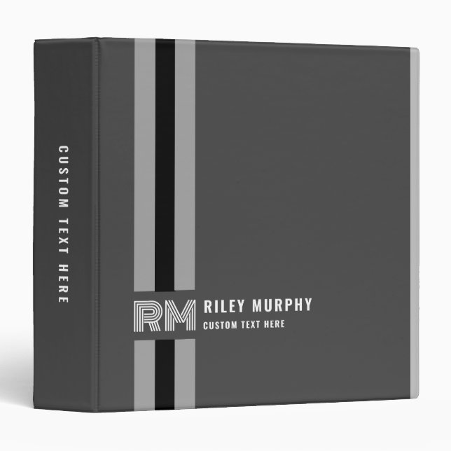 Professional Slate Black and Grey Stripe Initial 3 Ring Binder (Front/Spine)
