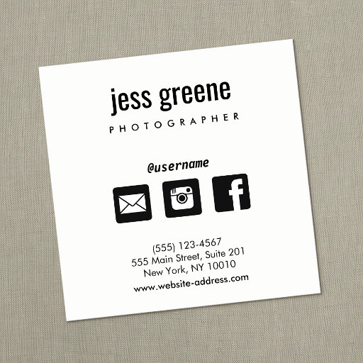 Customizable Professional Black and White Social Media Icons Square Business Card