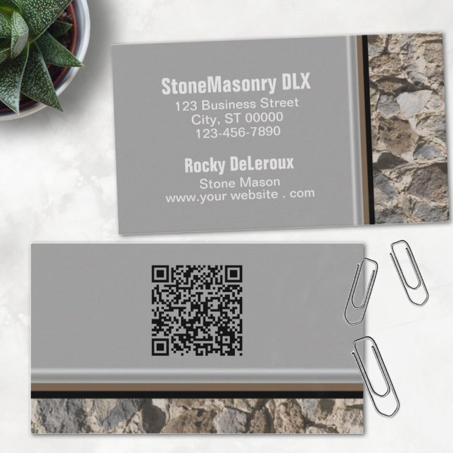 Professional Stonemason Rustic Rock Border QR Code Business Card (Creator Uploaded)