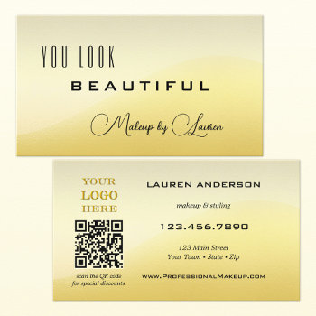 Professional Sunny Light Gold Qr Code Beauty Business Card by sunnysites at Zazzle