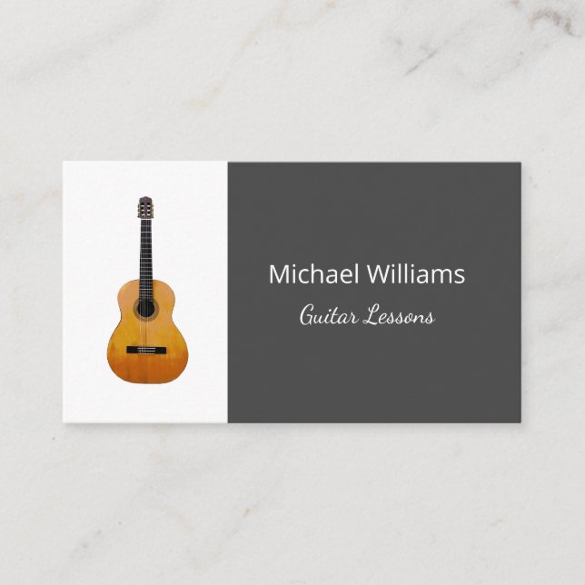 Professional Teacher Guitar Music Lessons Gray Business Card (Front)