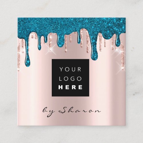 Professional Teal Drips 6 Punches CustomLogo Rose Square Business Card
