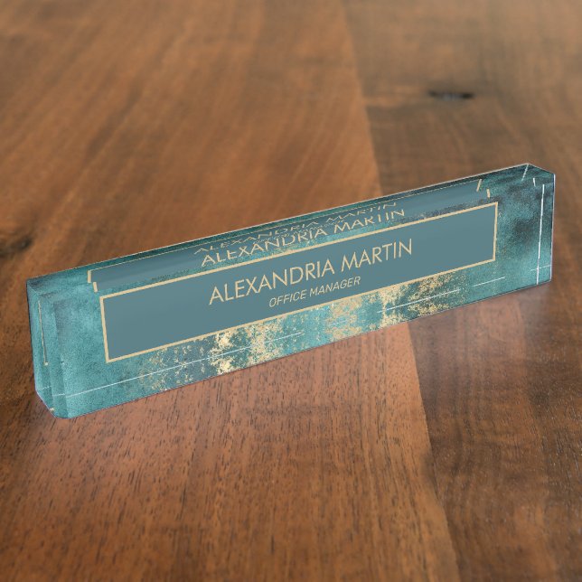 Professional Teal Gold Grunge Abstract Desk Name Plate (Side)