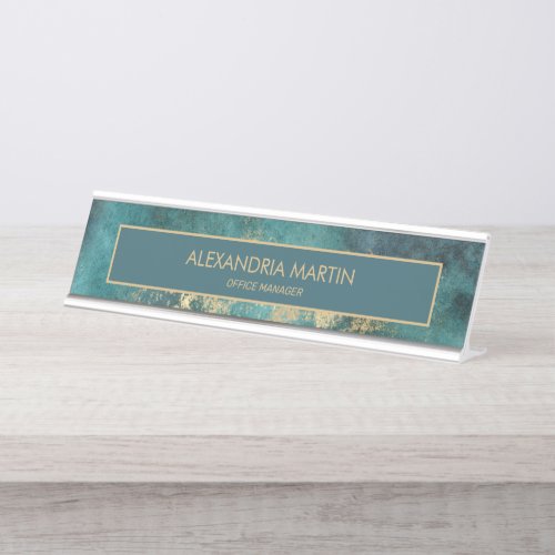 Professional Teal Gold Grunge Abstract Desk Name Plate