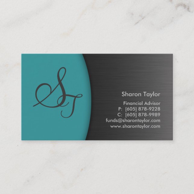 Professional Teal Metal Business Card Financial (Front)