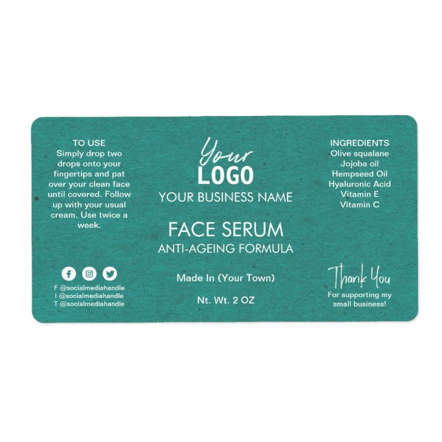 Professional Teal White Text Kraft Face Oil Serum Label (Front)
