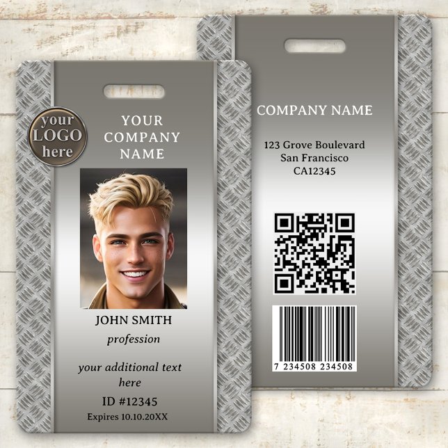 Professional Tech Metallic Employee Photo ID Badge (Photo ID badge in metallic construction style with space for your custom photo and logo)