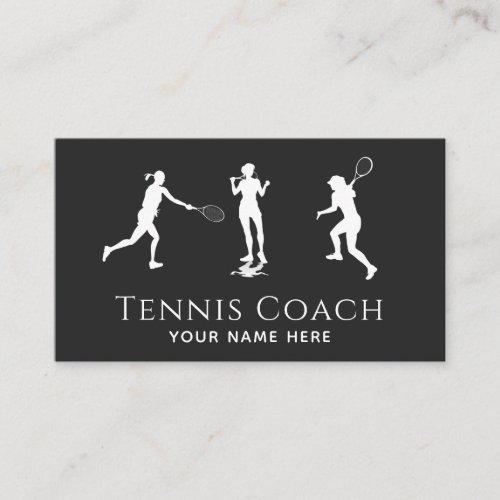 Professional Tennis Coach Girl Player Black White Business Card