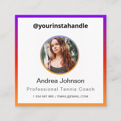 Professional Tennis Coach Photo  QR Code Colorful Square Business Card