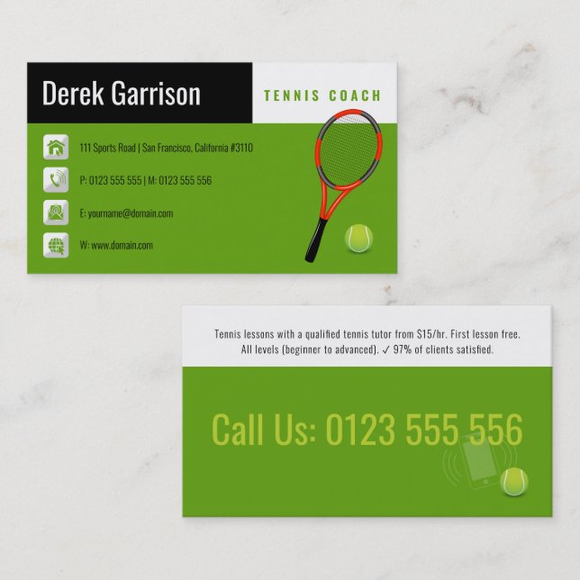 Professional Tennis Coach | Tennis Racket Business Card (Front/Back)