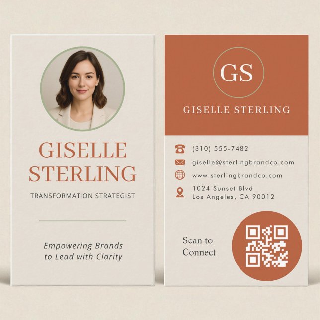 Professional Terracotta Sage Green Photo QR Code Business Card (Creator Uploaded)