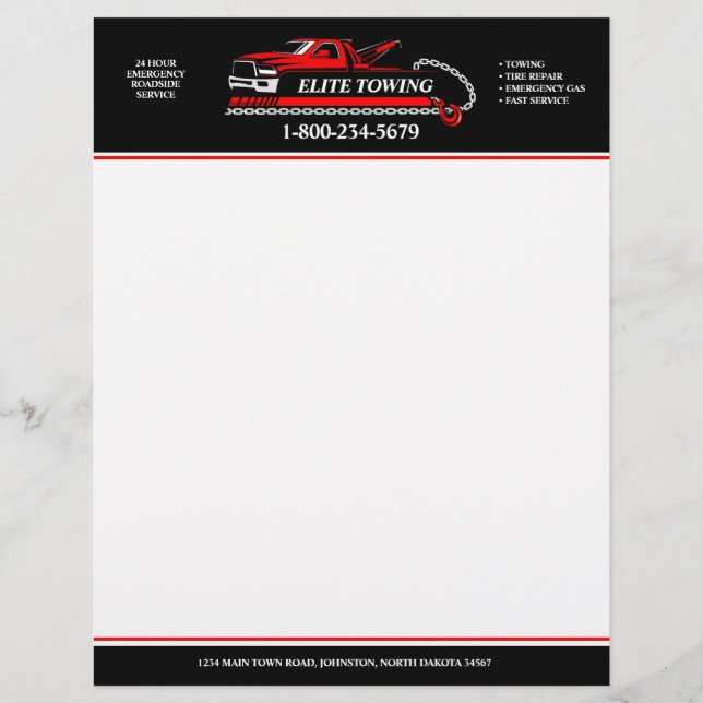 Professional Tow Truck Service Letterhead (Front)