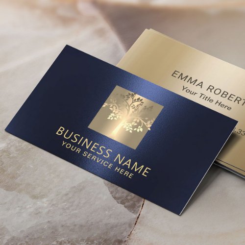 Professional Tree Logo Modern Navy Blue  Gold Business Card