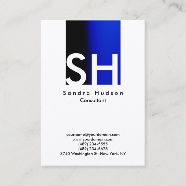 Professional Trendy Blue White Monogram Business Card (Front)