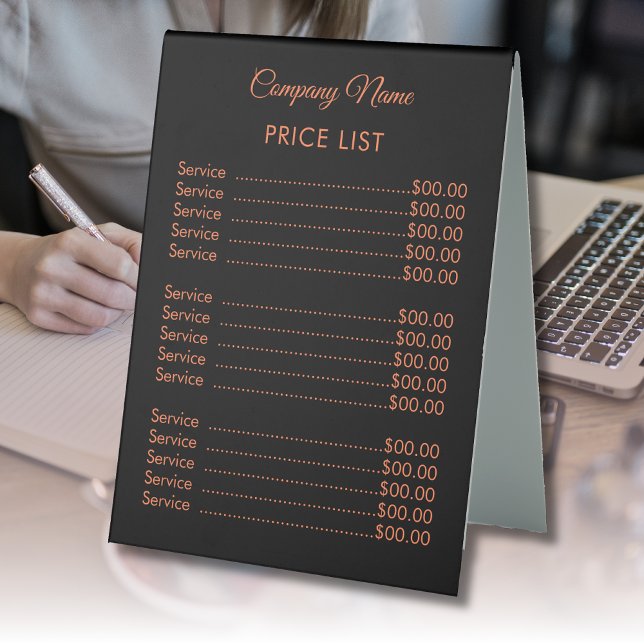 Professional Trendy Modern Coral Black Price List Table Tent (Creator Uploaded)