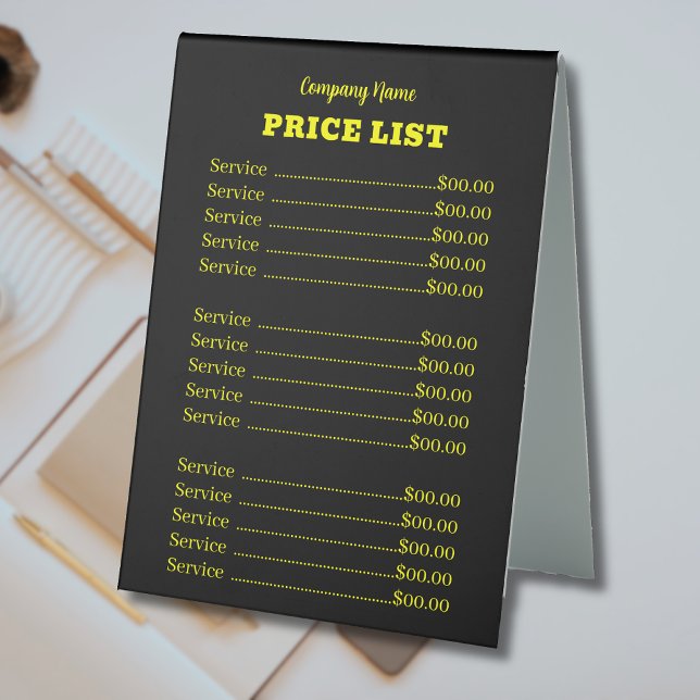 Professional Trendy Modern Neon Yellow Price List Table Tent (Creator Uploaded)