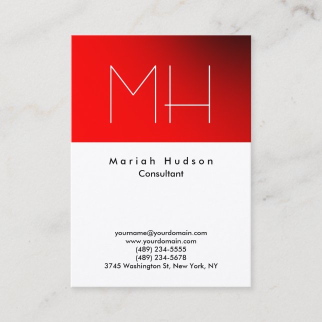 Professional Trendy Red White Monogram Business Card (Front)