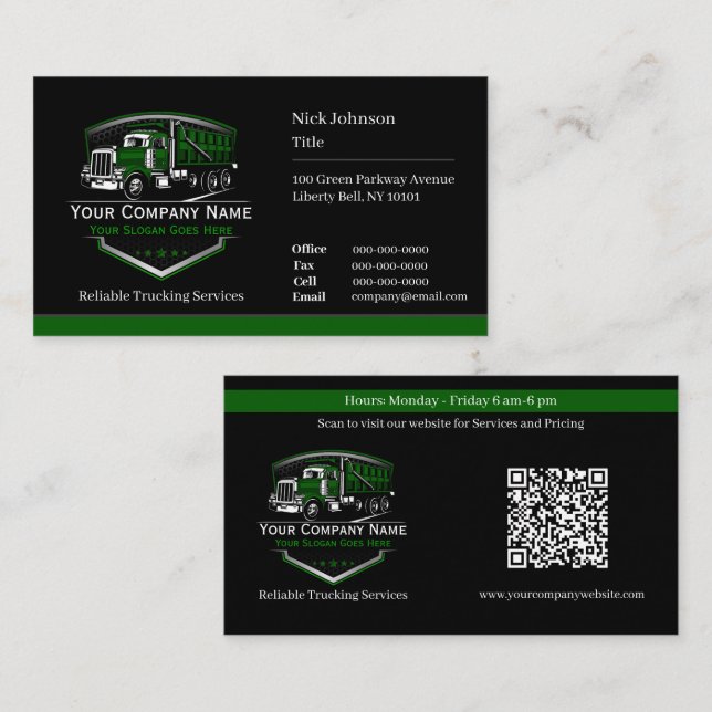 Professional Trucking Hauling Company QR Code Business Card (Front/Back)