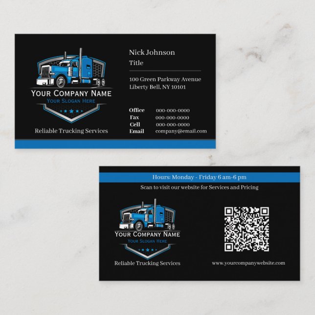 Professional Trucking Hauling Company QR Code Business Card (Front/Back)