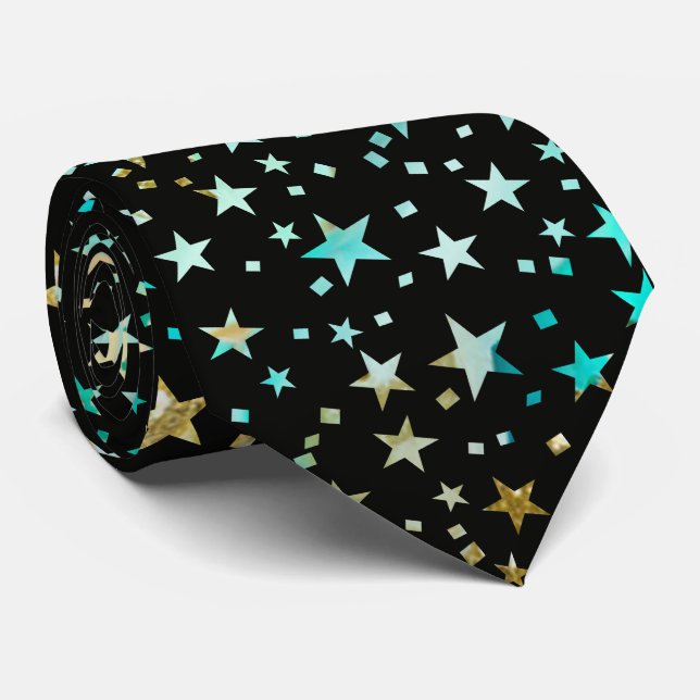 Professional Turquoise Blue Faux Gold Stars Black Neck Tie (Rolled)
